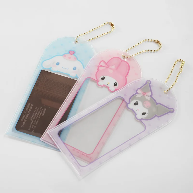Estuche para tarjetas transparente Kawaii My Melody Kuromi Cinnamoroll, colgante de Anime Sanrio, funda protectora para fotos Polaroid con forma de corazón para niña