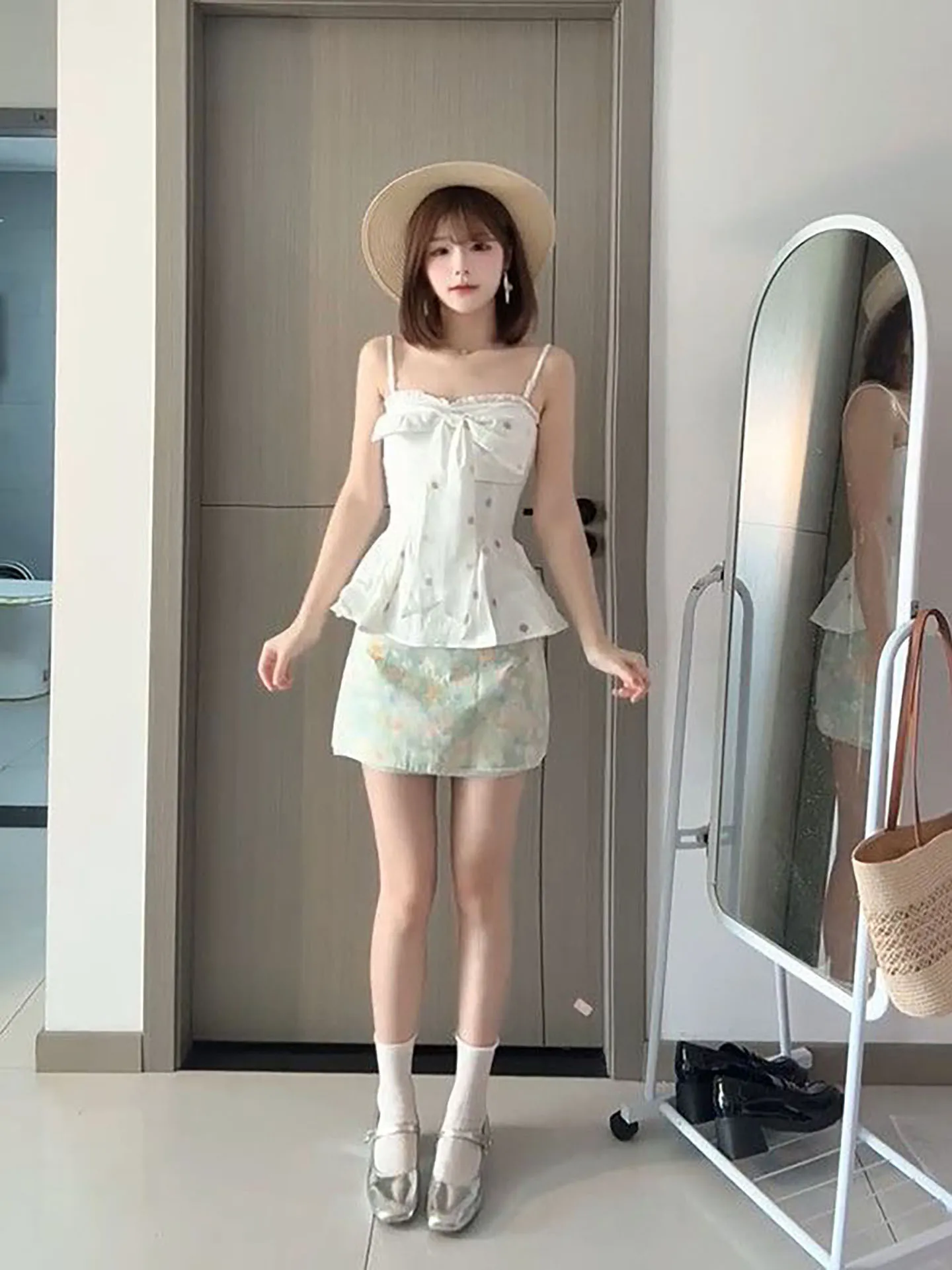 

Elegant Knot Strap Top And Flounce Skirt Two-Piece Set Summer Fashion Women's Clothing High Waist Short Sleeve