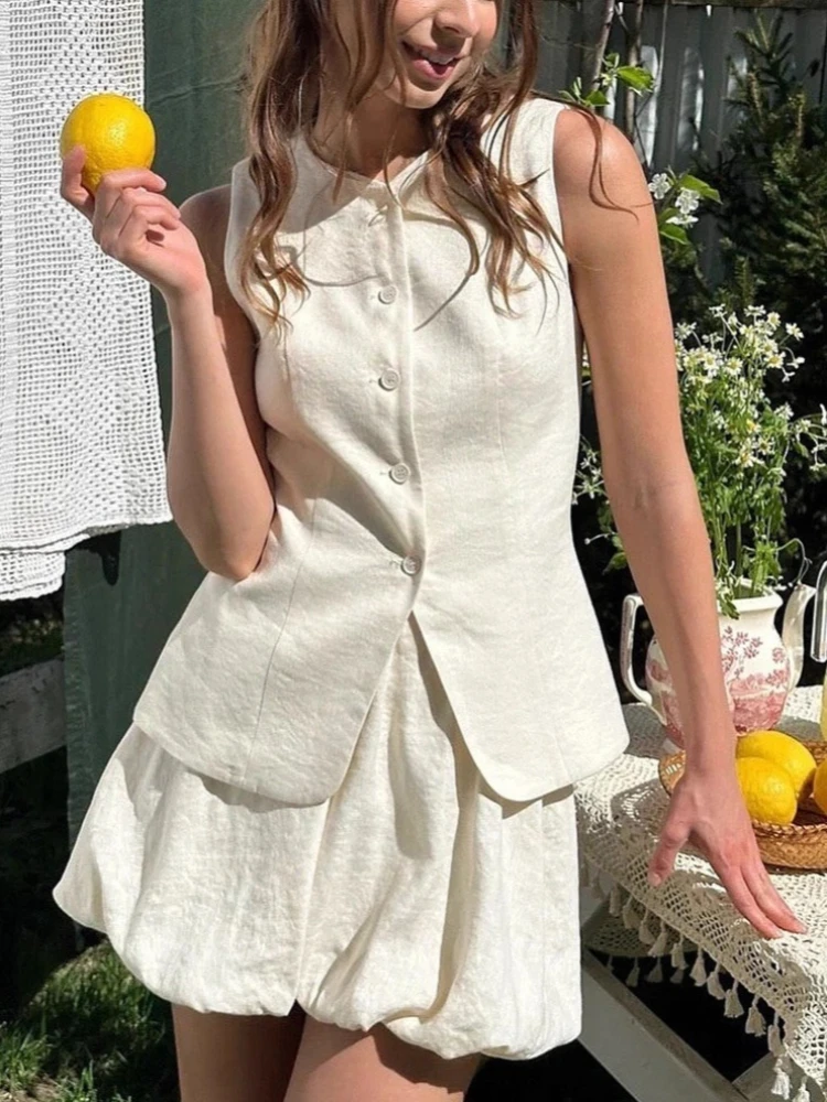 

Cotton Chic Casual Vest Mini Skirt Set Women's Fashion Commuter Sleeveless Tank Top Loose Shorts Suits Summer New In