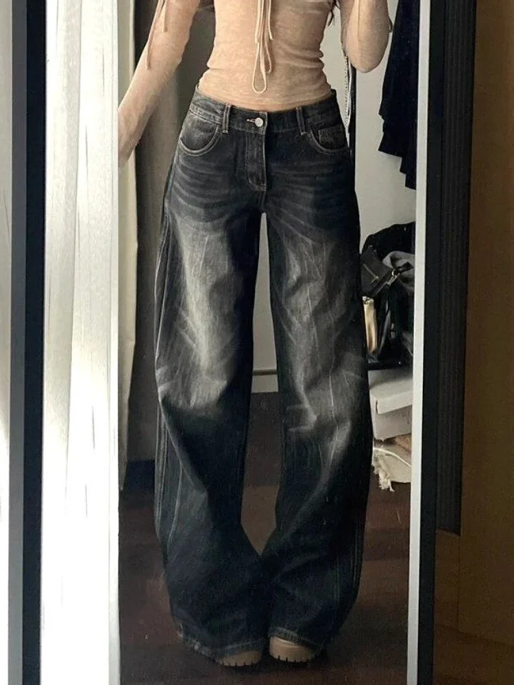 Korean Vintage High Waist Women's Jeans Y2K Slimming Pear-Shaped Loose Straight Bell Bottoms Black Gray Baggy Denim Trousers