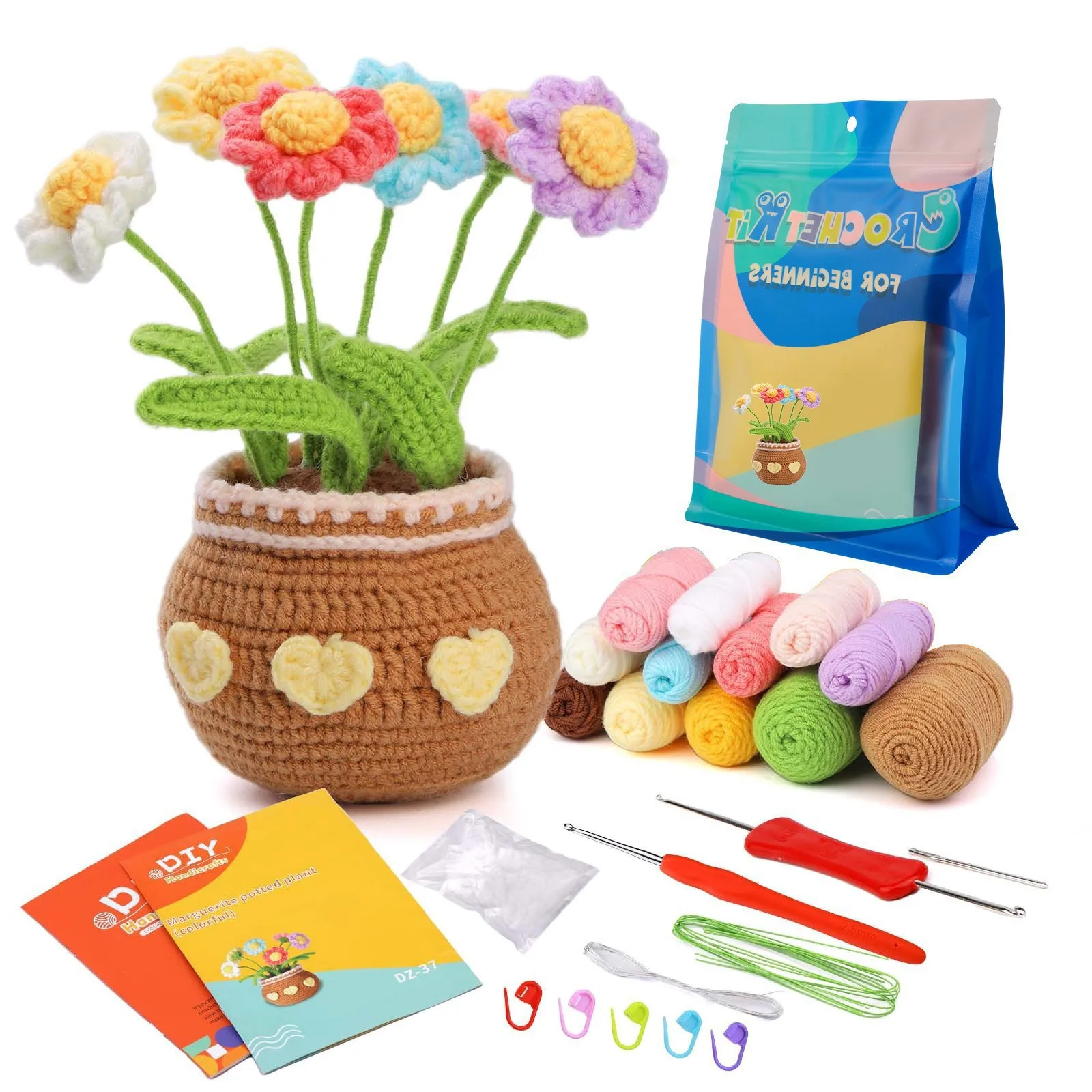 Artificial Plant Flowers Making Kit for Girls DIY Craft Kits Toys Woolen Potted Plant Knitting Plant Ornament Crochet Potted