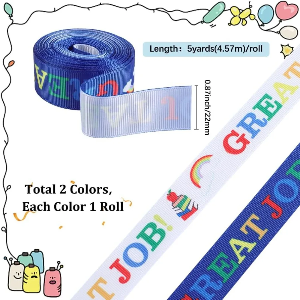 2 Rolls 10 Yards 2 Style School Grosgrain Ribbons Back to School Ribbon 7/8 Inch Wide Great Job Print Fabric Crafting Gift Wrap