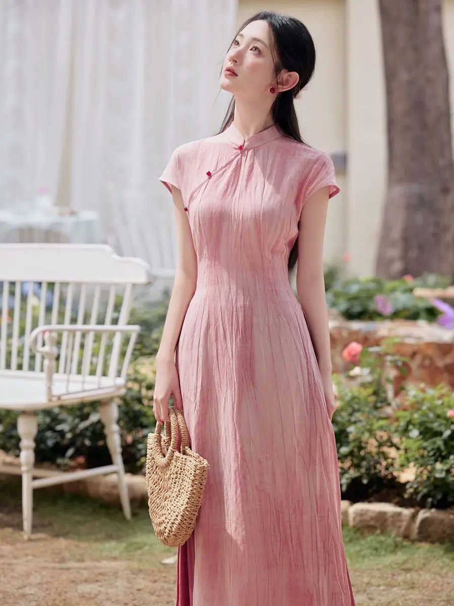 Spring summer vietnam aodai chinese styles dress with pants women vintage long dress qipao pink elegant cheongsam dress