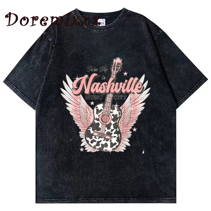 

Take Me To Nashville Graphic Tee Country Girl Vintage T Shirt Women Oversized Washed T-Shirt Grunge Y2K Tops Womens Streetwear