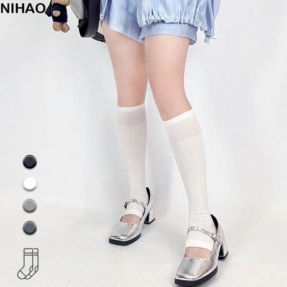

Fashionable Lolita JK Calf Socks Solid Color Breathable Knee High Sock Ultra-Thin Japanese Style Bunching Socks Spring