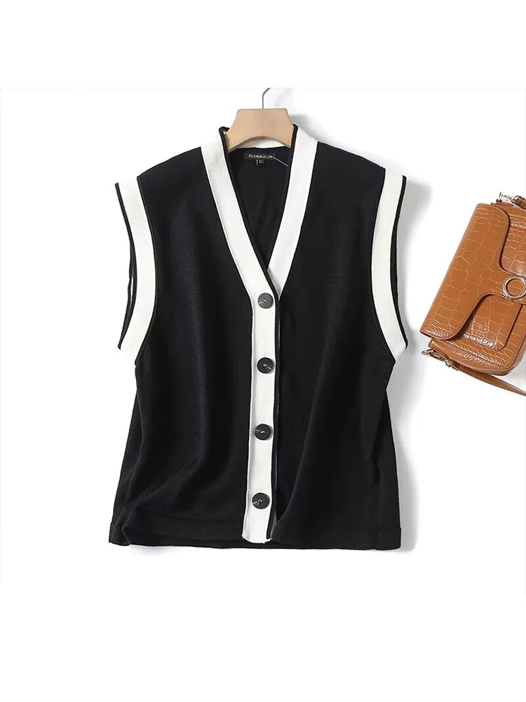 

Women 2025 spring New Fashion Temperament contrast detail Knit Vest Vintage V Neck Button-up Female Waistcoat Chic Tops
