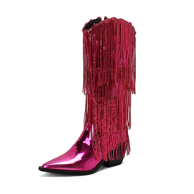 

Fringe Western Boots Cowgilrs Knee High Women's Boots Patent Leather 2024 Autumn Winter New Pointed Toe Chunky Heels Shoes