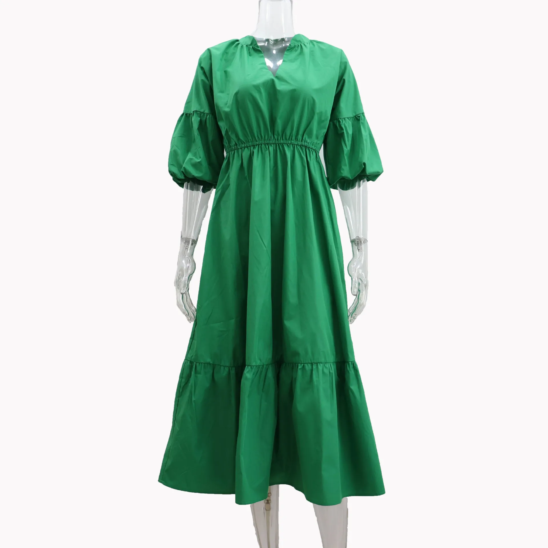 Sexy Vintage Patchwork Empire Waist Maxi Dress Solid Luxury V Neck Lantern Sleeve Ruffle Loose Dress Women Autumn Vacation