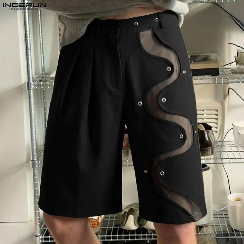

INCERUN Men's Shorts Mesh Patchwork See Through Button Man Bottoms Streetwear Loose Summer 2026 Fashion Casual Shorts For Man