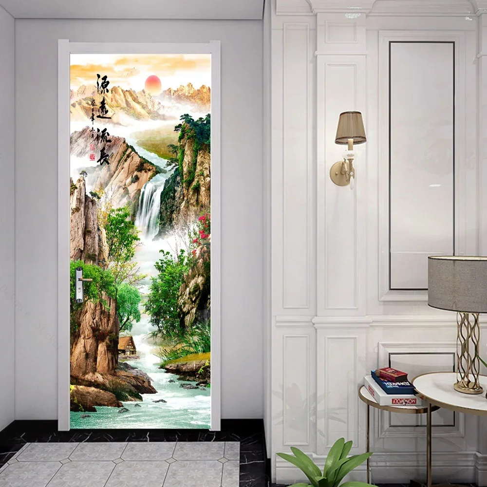 Chinese Landscape Painting Door Stickers Wallpaper Ink  Art Doors Murals Removable Mountain Stream Mural for Home Decor3