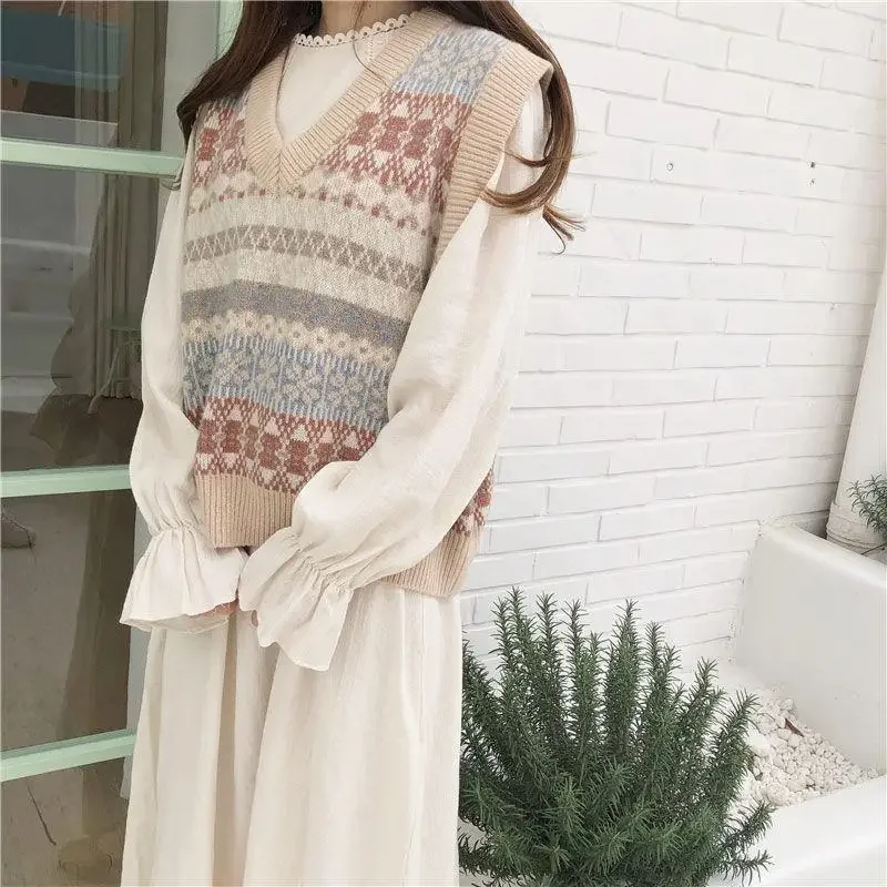 Women Sweater Vest Autumn Jacquard Embroidered V-neck Knitted Contrast Color Vest Women's Vest Sleeveless Sweater Pullover