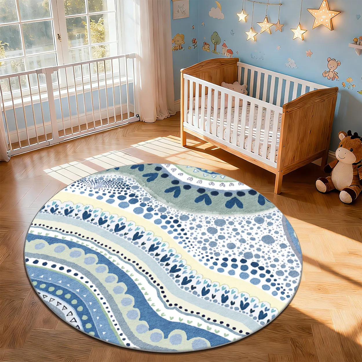 2d Printed Dark Green Cream Brown Abstract Geometric Star Round Area Rug Non Slip Floor Mat For Modern Nursery Decor Gift
