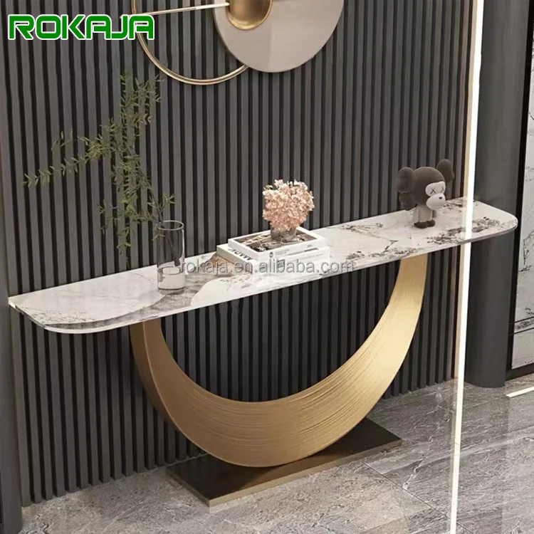 Marble Console Table Gold Metal Half-Moon Base Entrance Decoration Table Modern Living Room Furniture Corridor Corner Table