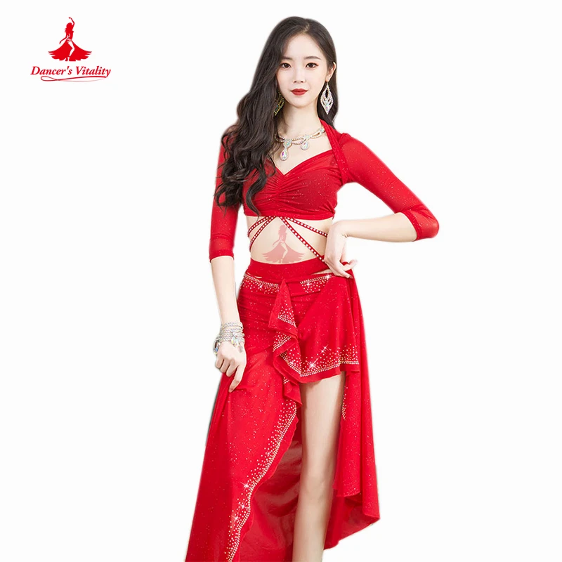 Belly Dance Performance Clothing Suit for Women Bellydance Half Sleeves Top+mesh Long Skirt 2pcs Oriental  Professional Set Wear