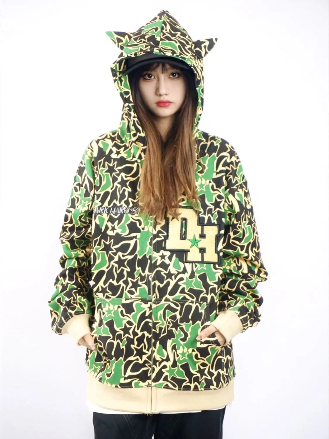 High quality camouflage full star demon zip hoodie embroidery letter printing sweater retro American y2k clothes goth sweatshirt