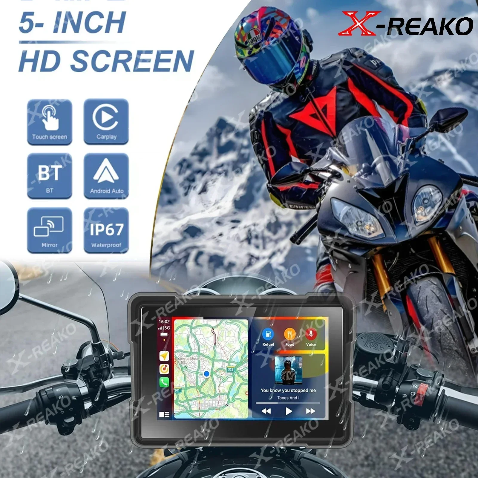 

X-REAKO 5-inch Motorcycle GPS Player IPX8 Waterproof Carplay Android Auto Supports Bluetooth Headset/Helmet Touch Screen