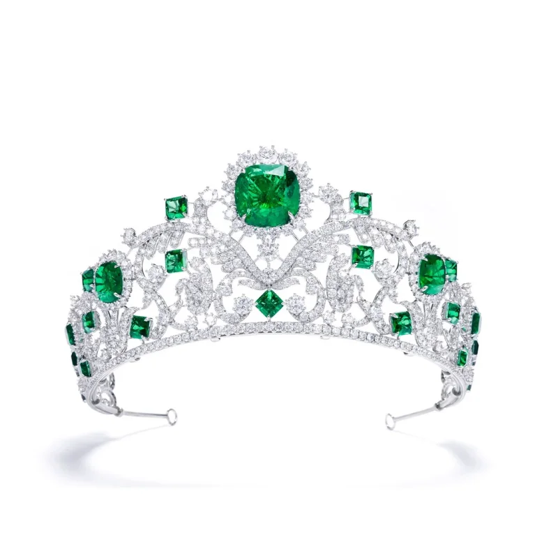 Bellux Fine Jewelry Luxury Crown Fashion European and American Couture Series Green Emerald Gemstone Party Wedding Crown