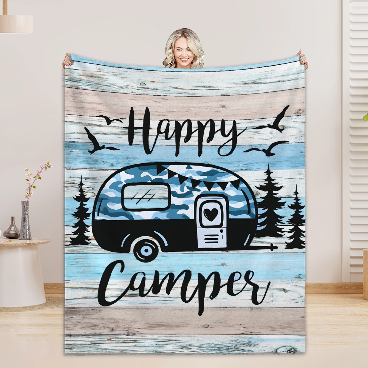 

Happy Camping Flannel Blanket 3D Printed Blanket For Office Home Camping Nap Leisure Blankets Birthday Gifts For Home Decor