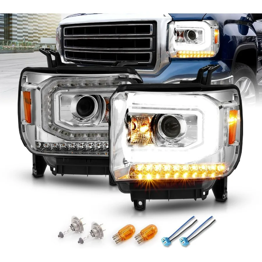 

for 2014-2016 GMC Sierra 1500/15-2019 2500HD 3500HD [LED DRL Type] Chrome LED Tube Projector Headlights Pair - Passenger and Dri