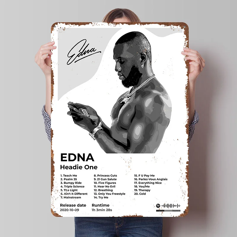 

Металлическая табличка Headie One - Edna: постер с обложкой альбома, настенный декор в стиле ретро, винтажные металлические вывески для фанатской комнаты, индивидуальная табличка, декор для офиса
