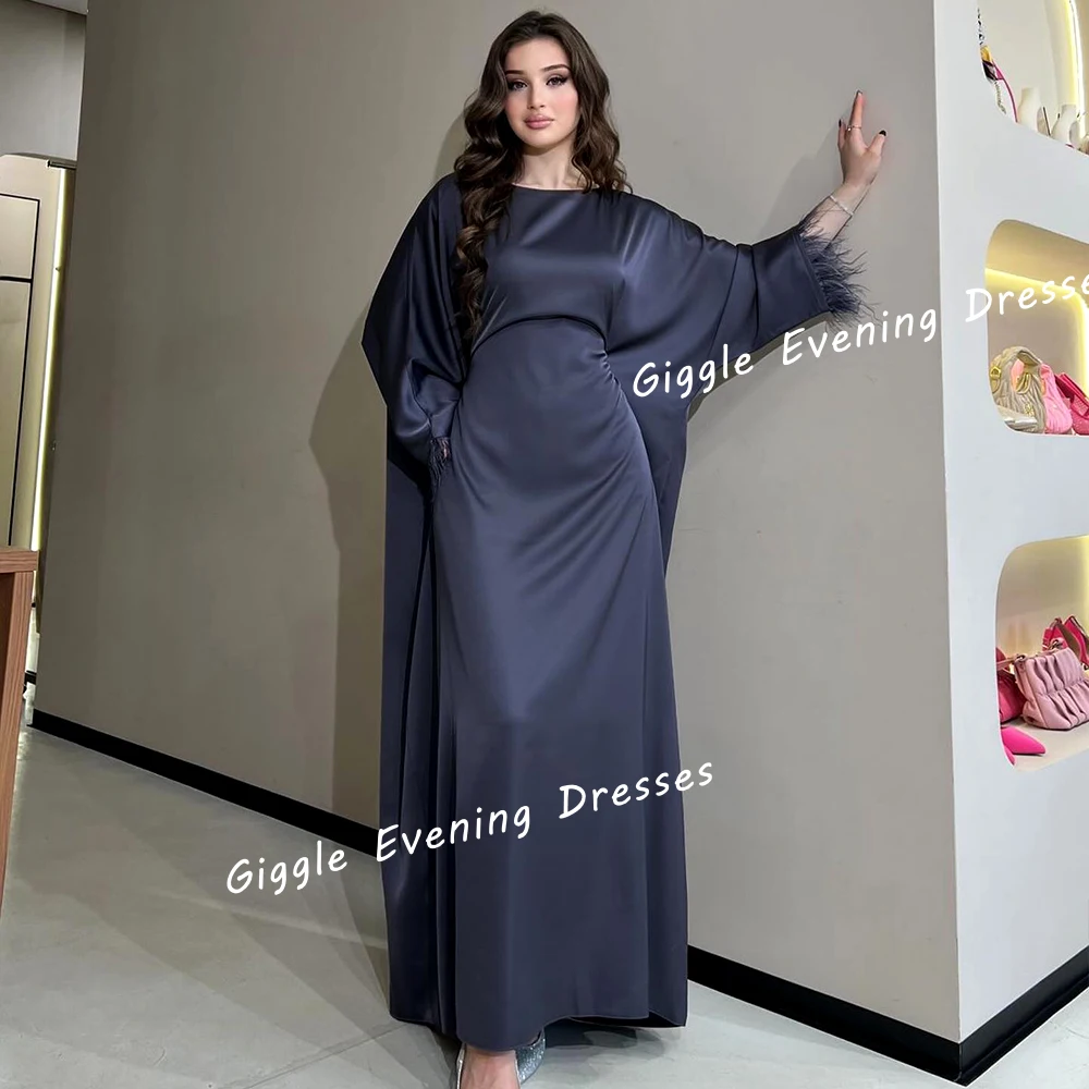 Exquisite Satin Loose Ceremony Prom Gown Saudi Arab Summer Feathers O-Neck Ankle-Length Elegant Ladies Evening Dresses 2024