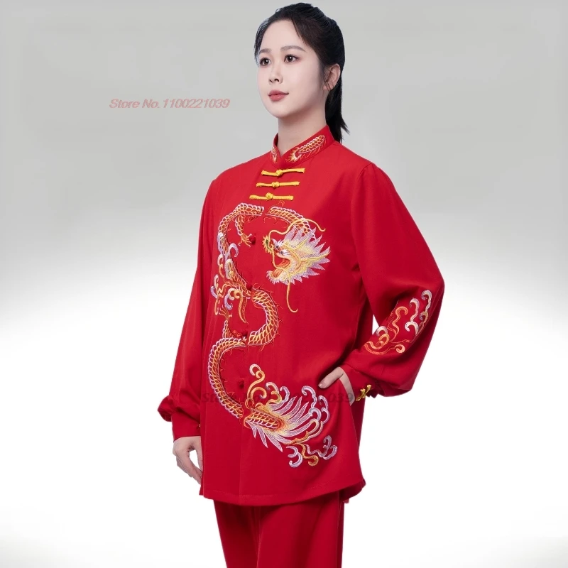 2025 chino vintage kung fu tai chi artes marciales taijiquan dragón bordado tops + pantalones conjunto wushu entrenamiento ejercicio práctica