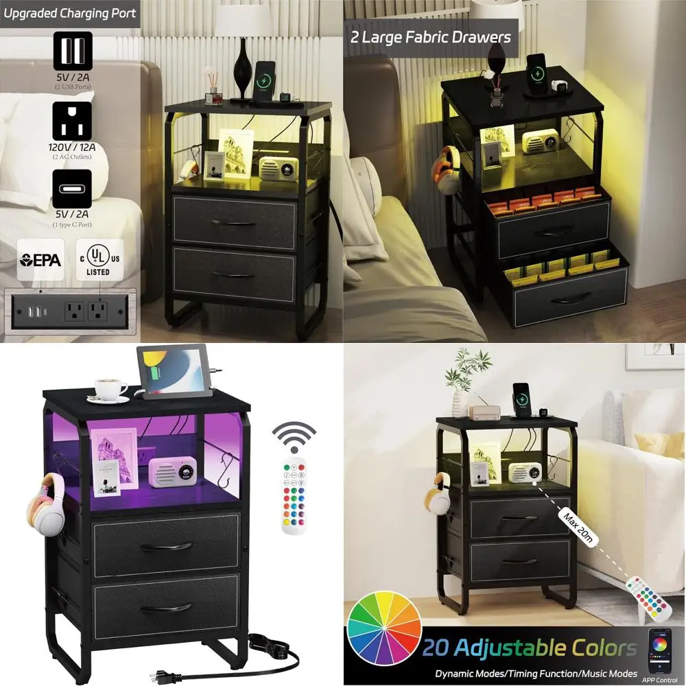 

Тумбочка с подсветкой, светодиодный торцевой столик с ящиками и зарядной станцией, порт типа C, небольшая прикроватная тумбочка с крючками, ящики для хранения