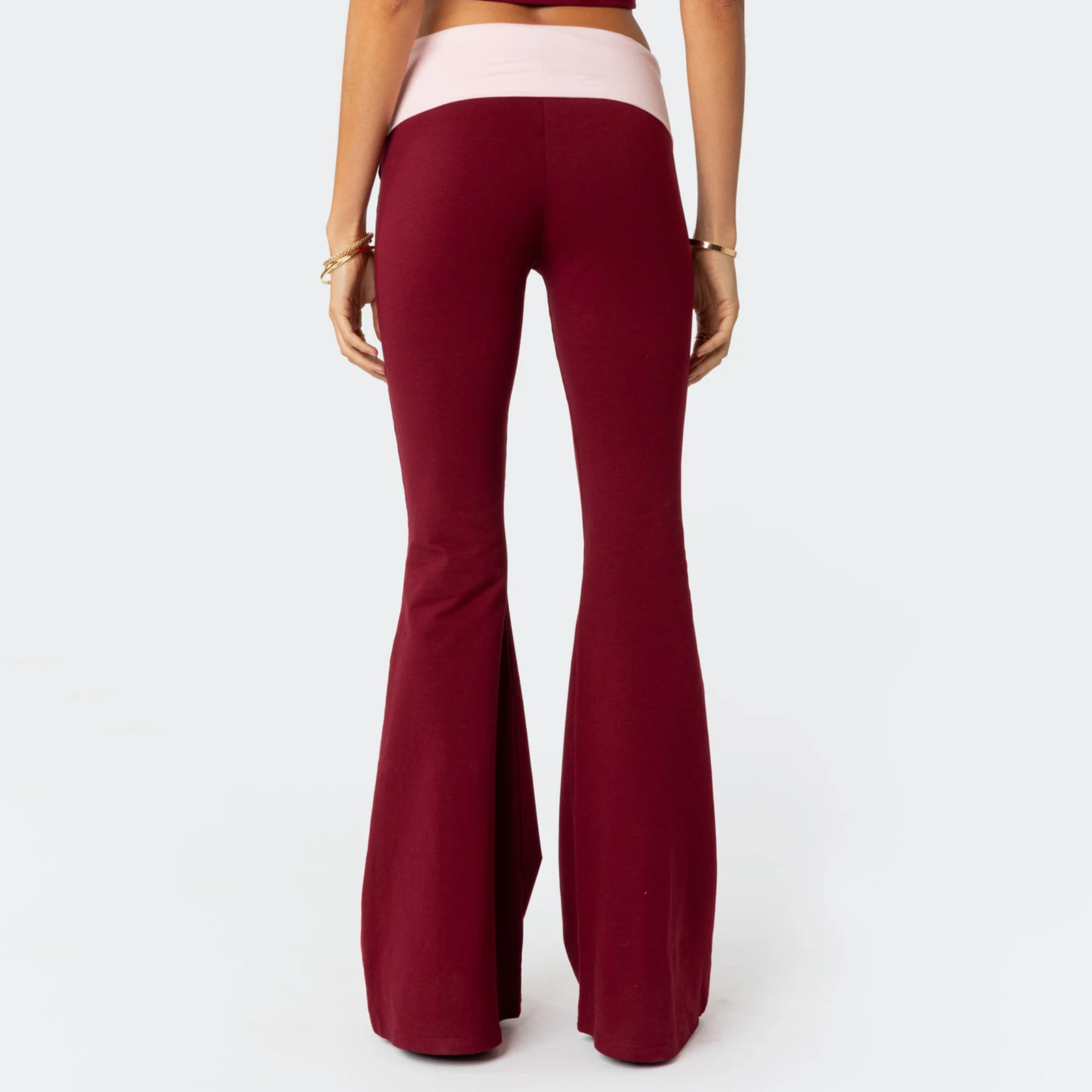 Women Low Waisted Pants Tummy Control Wide Leg Trousers Solid Color Stretchy Leggings Foldover Trousers Workout Pants