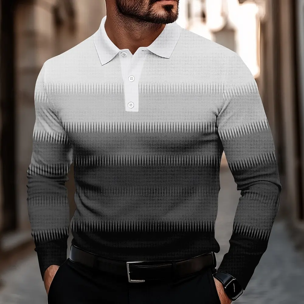 Autumn Winter New Casual Men's Long Sleeve Polo Shirt 3D Gradient Stripes Printed Turn-down Collar Buttoned Men Clothing Tops