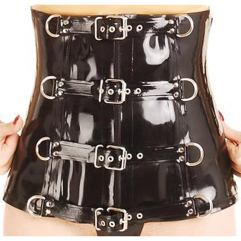 

Black Sexy Latex Corsets with Belts and D Rings Zipper and Lacing Back Rubber Bustiers Top Clothing 1.0 MM for Women
