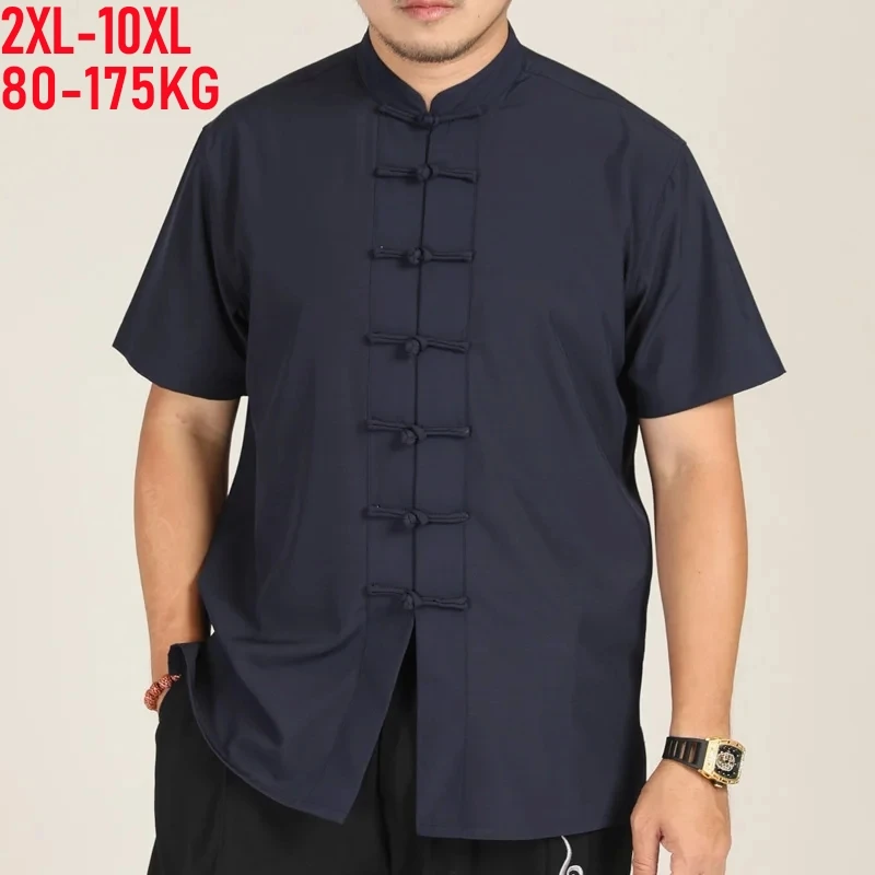 

Men Shirt Mandarin Collar Chinese Style Short Sleeve Summer Oversize 6XL 7XL 8XL 10XL Plus Size Formal Black White Casual Retro