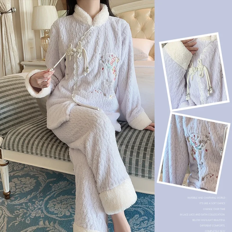 Winter New Thick Sleepwear Sweet Retro Stand Up Collar Comfortable Robe Pants Women's Home Velvet Set Chinese Style Nightwear