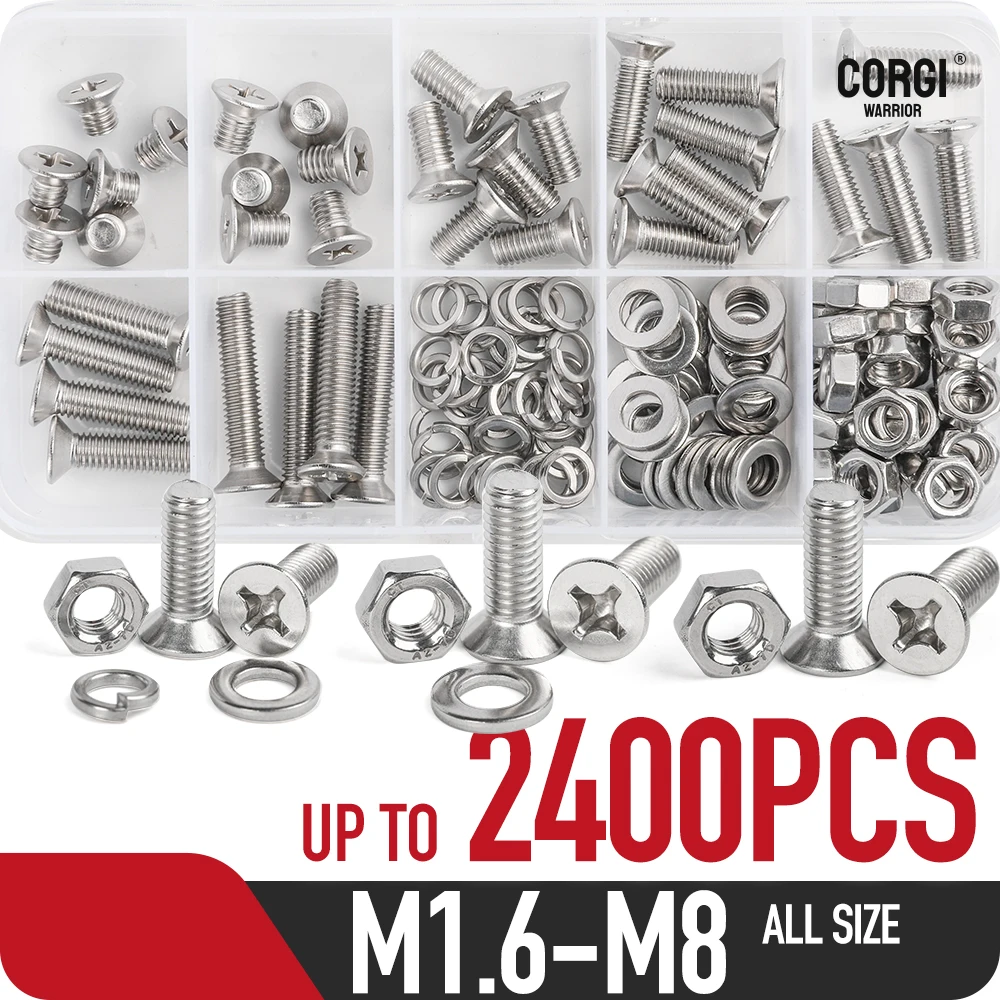 Stainless Steel Phillips Flat Head Machine Screws Assortment Kit M1.6 M2 M2.5 M3 M4 M5 M6 M8 Up to 2400 UNC Countersunk 4-20mm