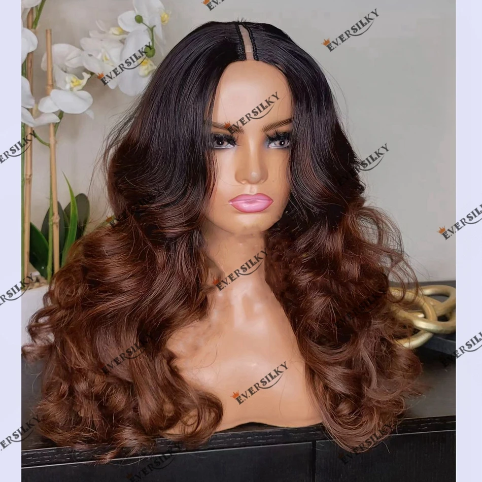 Human Hair Ombre Dark Auburn Super Wave Machine Made 2x4 U Part Wig for Women 200Density Peruvian Remy Hair V Part Wig