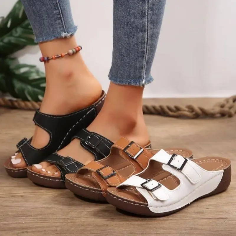 

Women Closed Toe Summer Shoes 2024 New Comfort Double Buckle Wedge Ladies Sandals Plus Size 42 43 Platform Casual Slippers Women