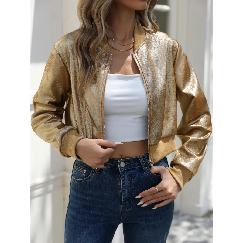 

New European and American Style 20252025 Women's Spring and Autumn Long Sleeve Zipper Gold Foil Casual