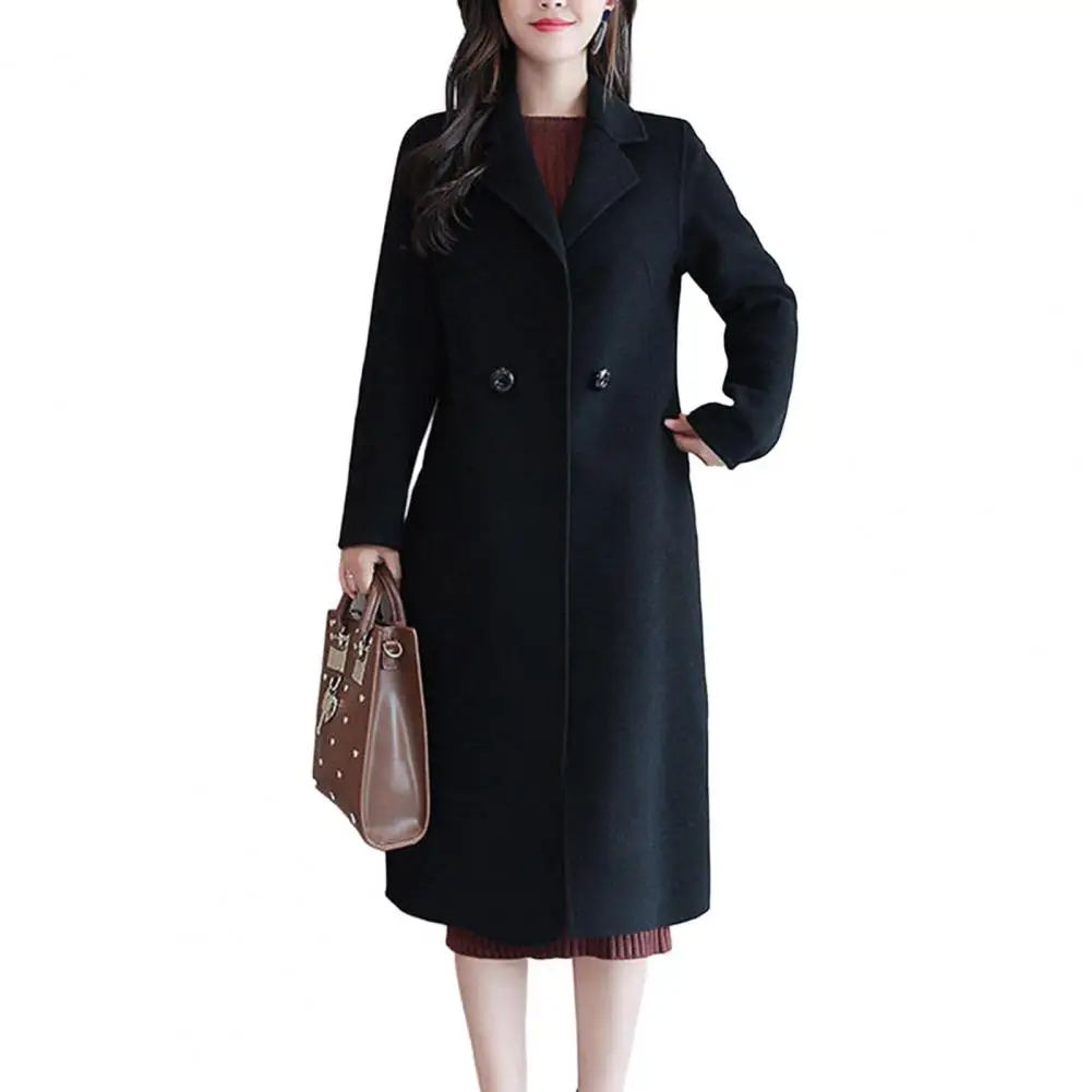 Women Woolen Coat Elegant Lapel Woolen Coat with Two Buttons Pockets for Women Stylish Mid-length Cardigan Outwear for Autumn