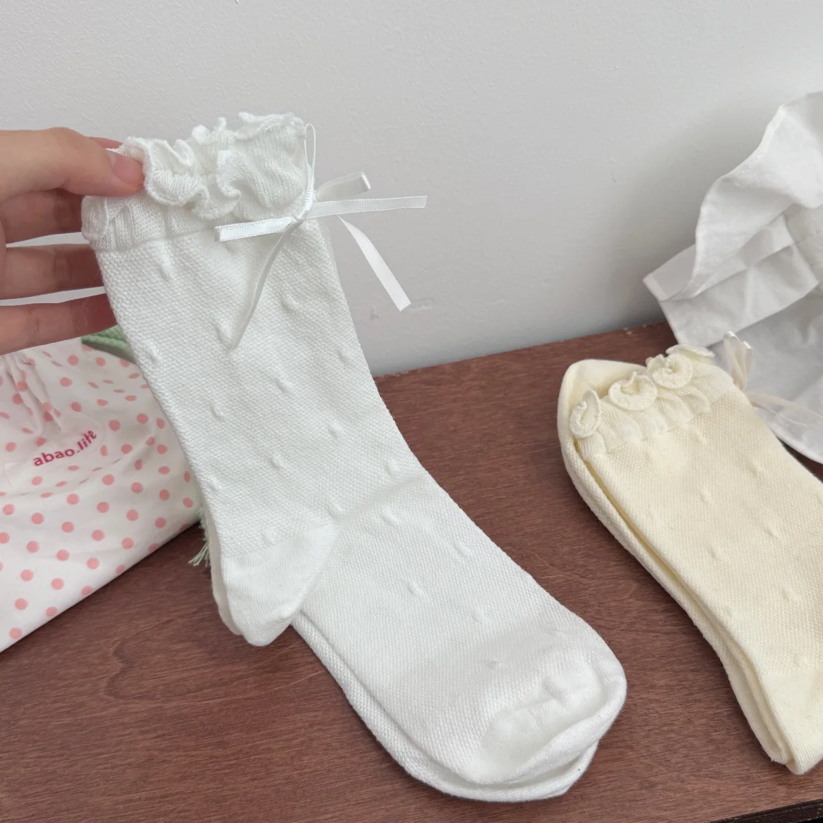 Cute Eyelet Mid-Calf Socks with Wood Grain Edges Spring Summer Polka Dot Cotton Socks Breathable Absorbent No-Heel Design for Wo