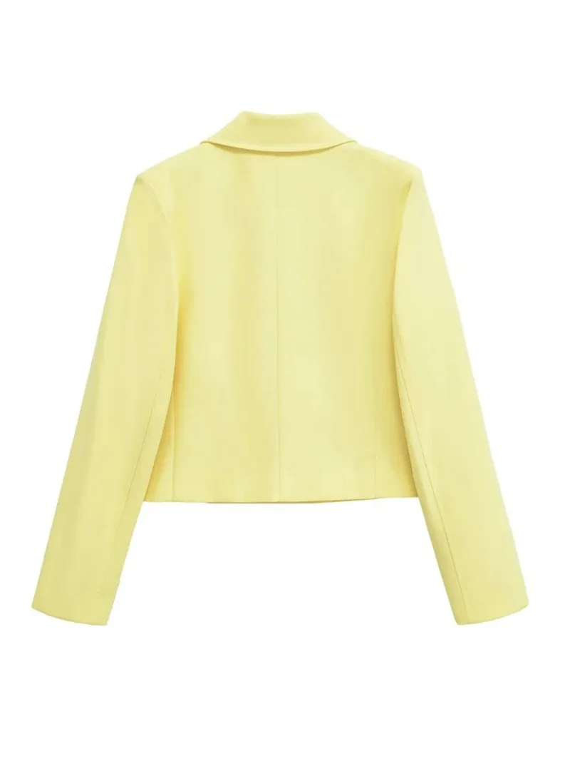 Moda outerwear feminino duplo breasted manteiga amarelo recortado blazer casaco manga longa chique gola de lapela superior