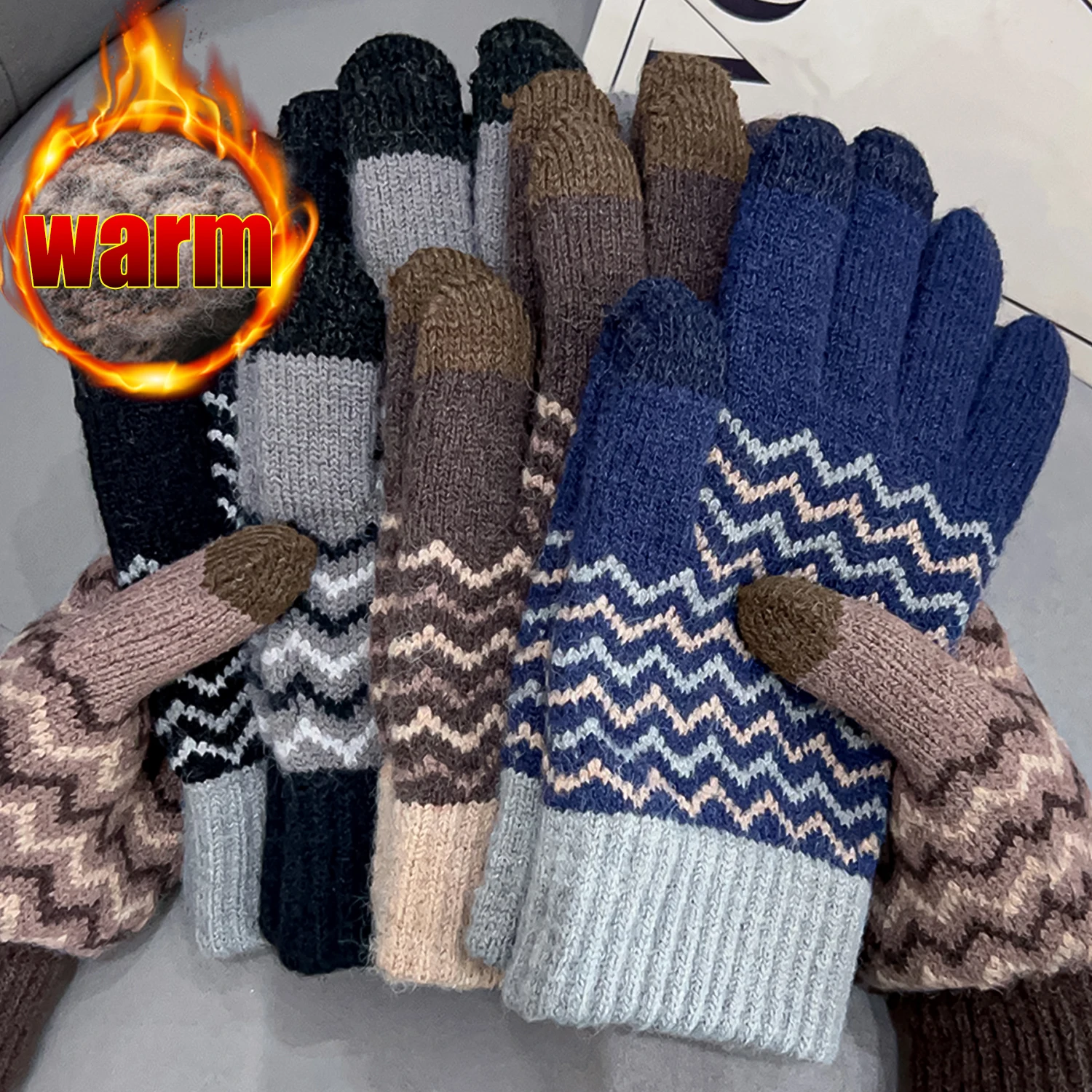 Winter Plush Knitted Warm Gloves Children and Adults Outdoor Cycling Padded Gloves Five-finger Touch-screen Knitted Gloves