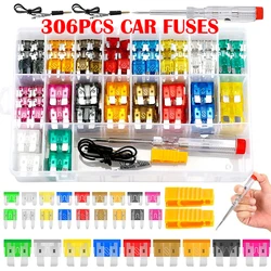 306PCS car fuse 5A10A15A20A25A30A35A amplifier with box clip combination car blade fuse set with inspection circuit electric pen