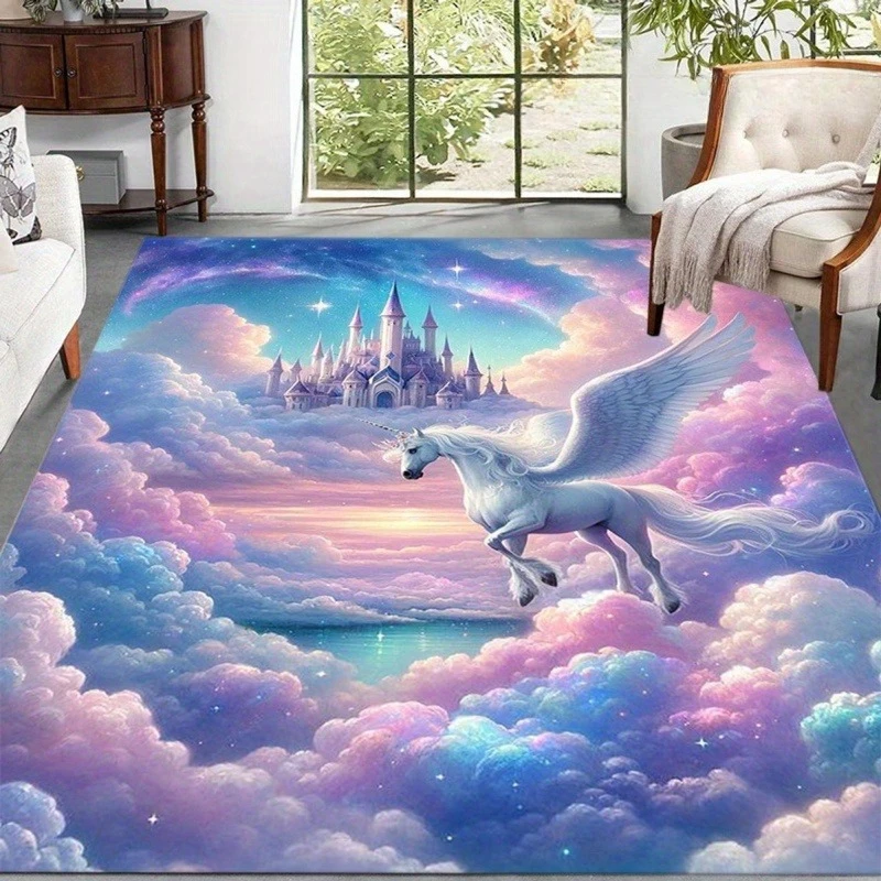 Magical Winged Unicorn Pink Cloud Castle Galaxy Print Large Area Rug Soft Flannel Non Slip Floor Carpet for Bedroom Fantasy Home