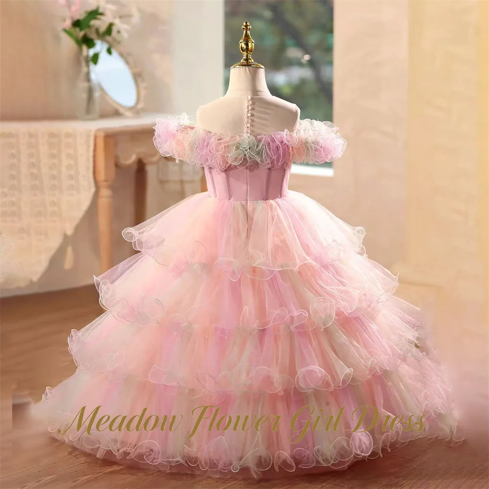 Meadow Pastel Pink Ombre Tutu Fluffy Prom Gown Off Shoulder Pageant Dress for Gir Rhinestones Children Birthday Wedding Dresses