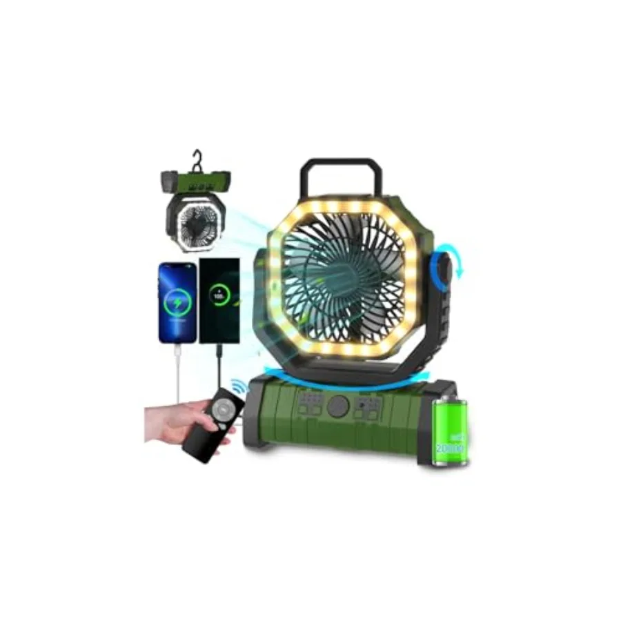 

Camping Battery Powered Fan with LED Light 20000mAh Rechargeable Portable Oscillating Cordless USB Desk Fan with Rotation Hangi