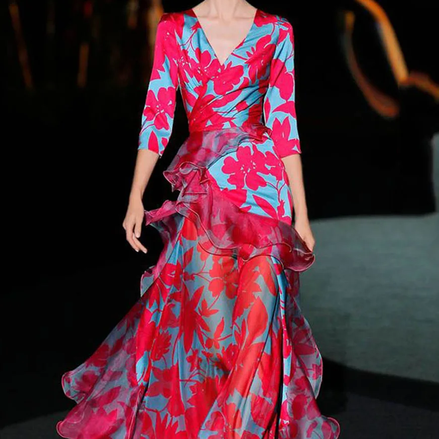 2025년 신상 슬림핏 V넥 롱 드레스 가을 패션 여성용 프린트 메이플 리프 멀티 레이어 드레스 폴리에스터 섬유 니트