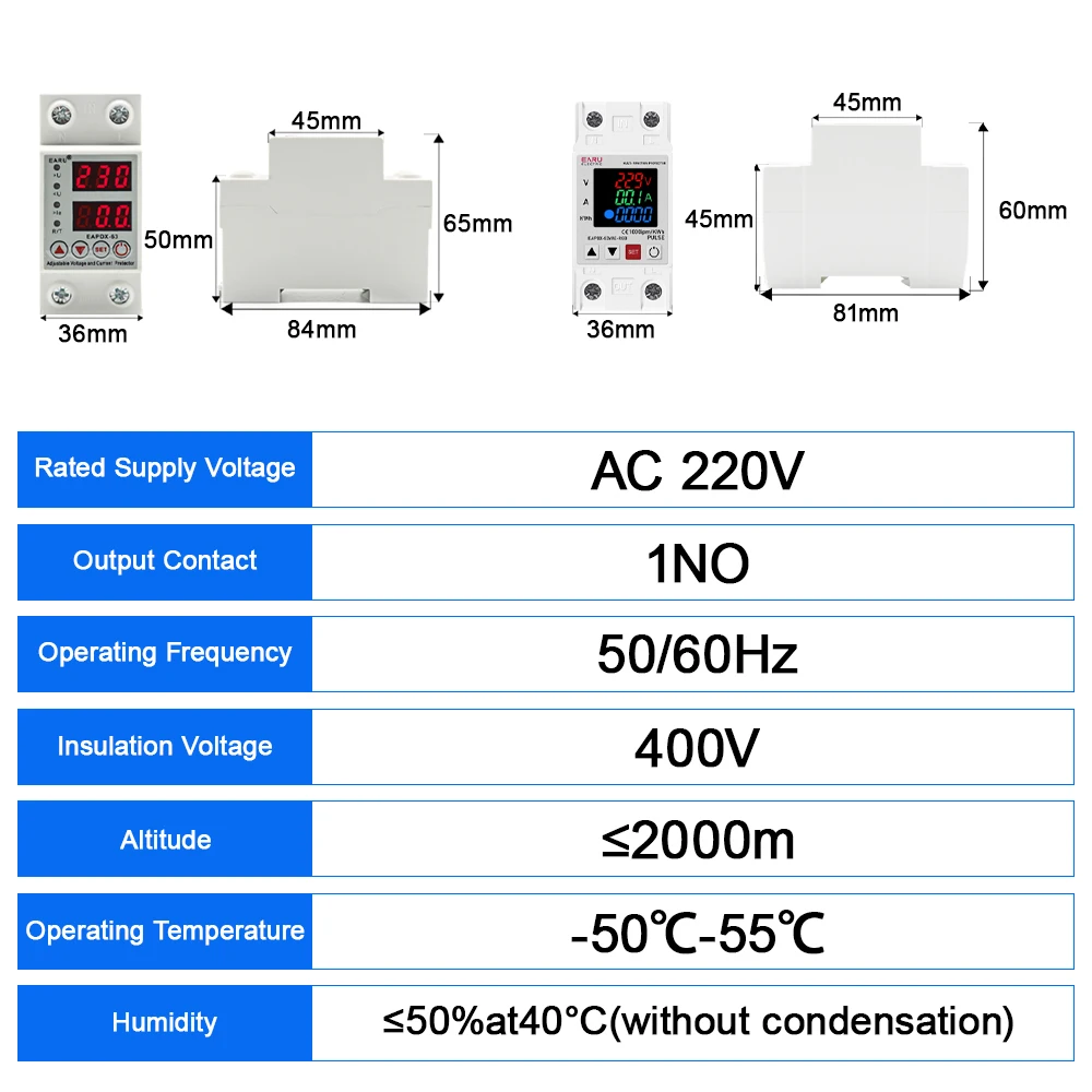 40A 63A 230V Din Rail Adjustable Digital Over Voltage Under Voltage Relay Over Current Protection kWh 220V Energy Meter