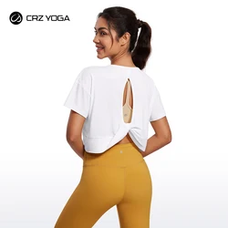 CRZ YOGA Open Back Short Sleeve Crop Top for Women Loose Athletic Yoga Workout Tops Casual Cropped Tee Shirts