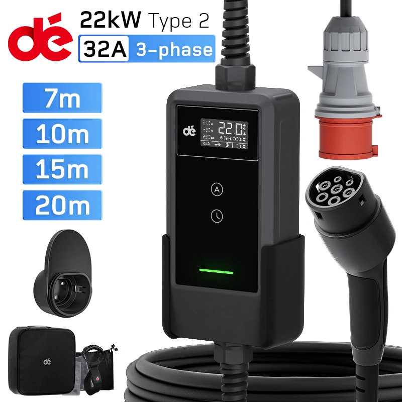dé 22kW Mobile Wallbox mit App-Fernsteuerung, EV-Ladegerät 32A 3-Phasen Schnellladung für Zuhause, LCD-Bildschirm, 7m 10m 15m 20m 25m Optionen