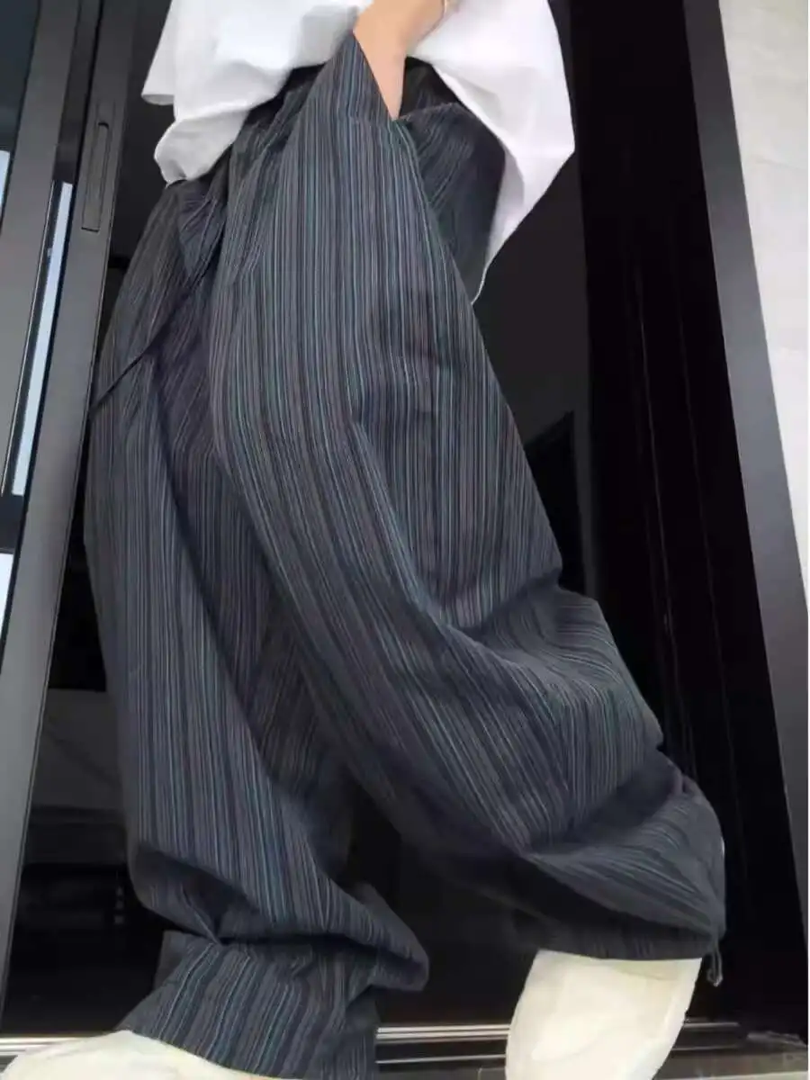 Man Women Striped Design Wide Leg Pants Floor Length Pants High Street Couple's Loose High Waist Casual Pants
