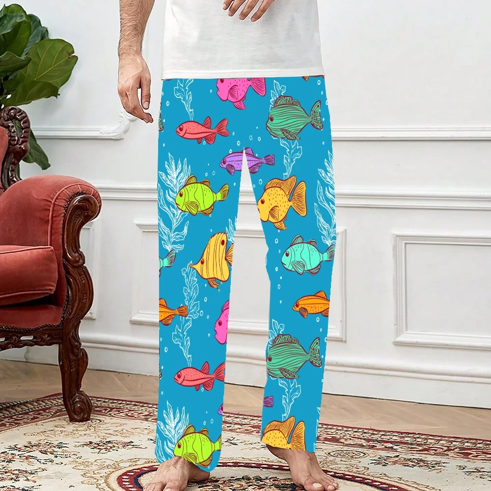 Unisex peixe tropical padrão pijama calças, calças lounge dos homens, cordão bolsos das mulheres, fundo do sono, super macio